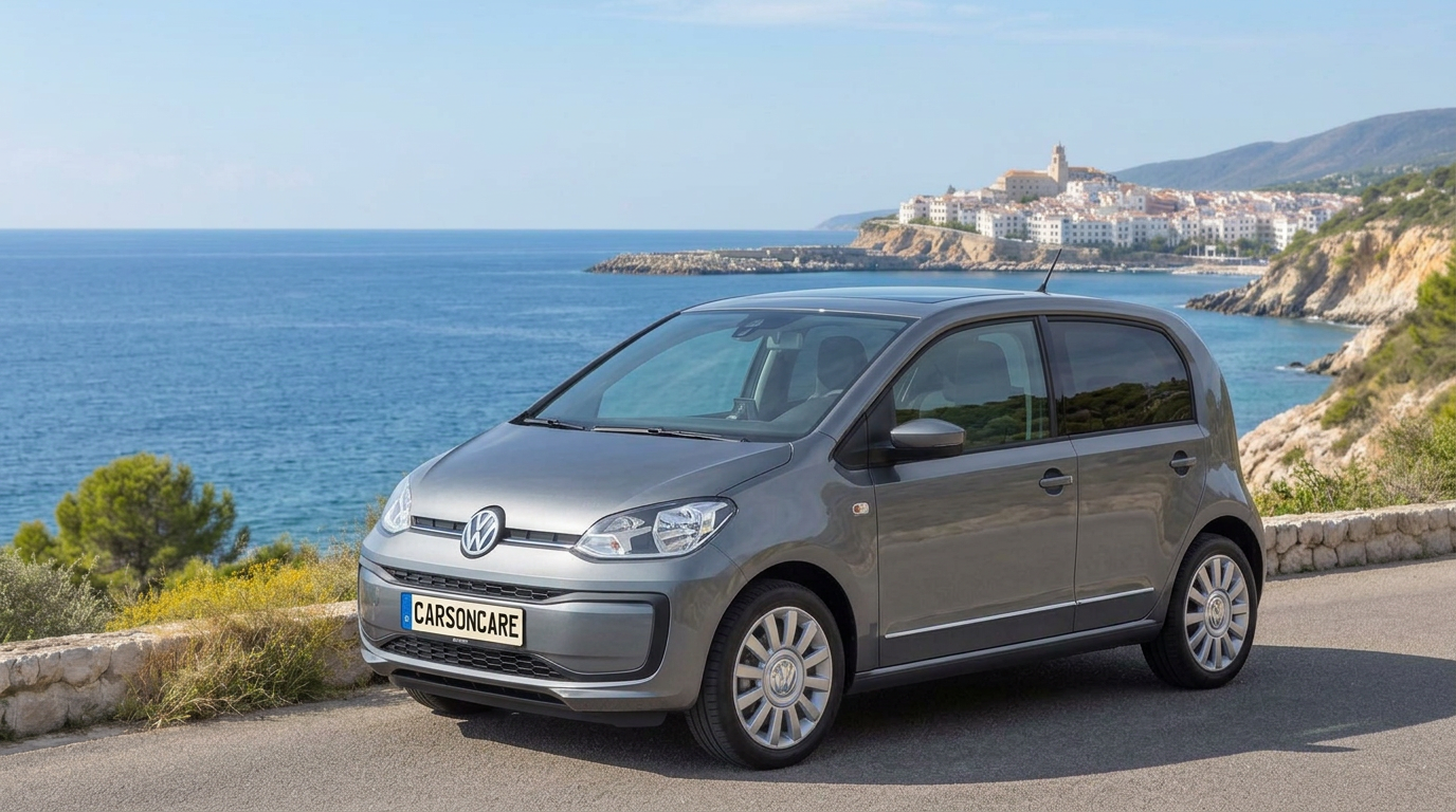 Grey Volkswagen Up! on a coastal road in Spain